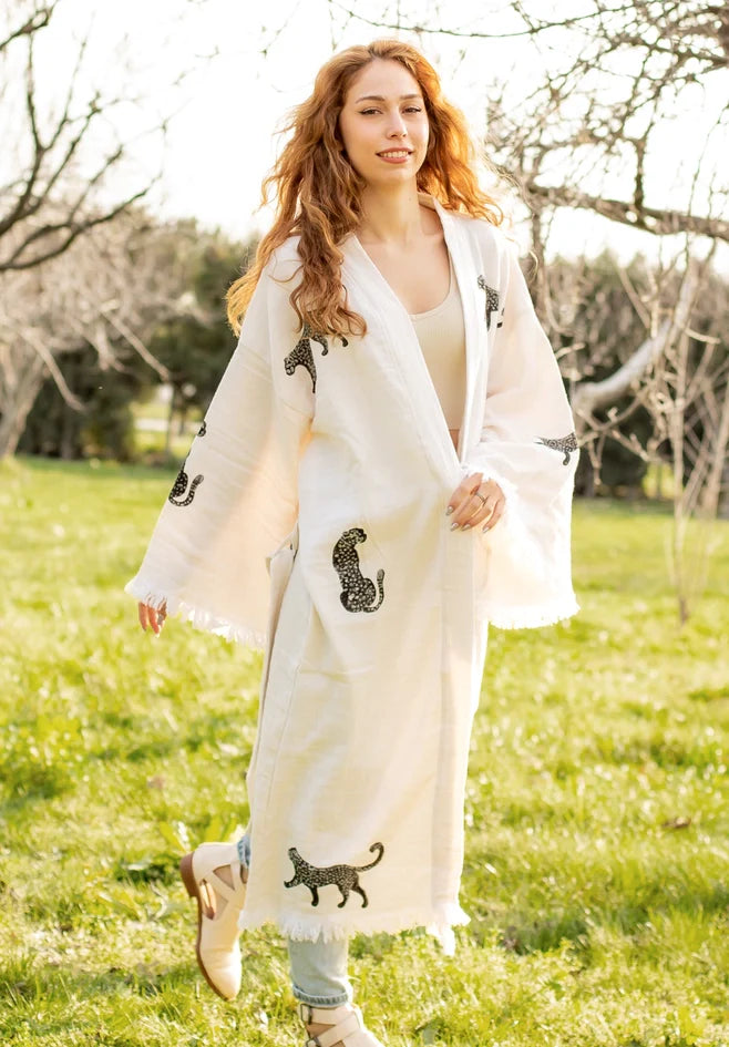 Long Tiger Kaftan Kimono Robe  White Kimono Black Tiger