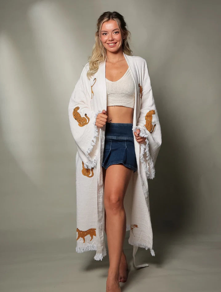 Long Tiger Kaftan Kimono Robe  White Kimono Brown Tiger