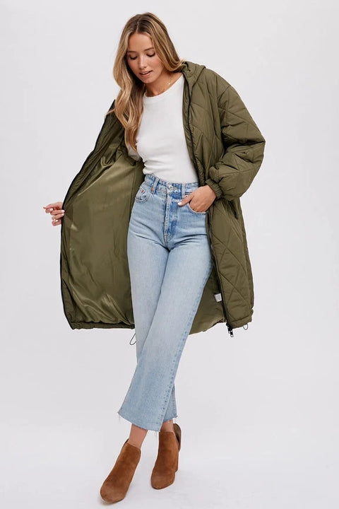 Longline Quilted Puffer Jacket - ARMY GREEN