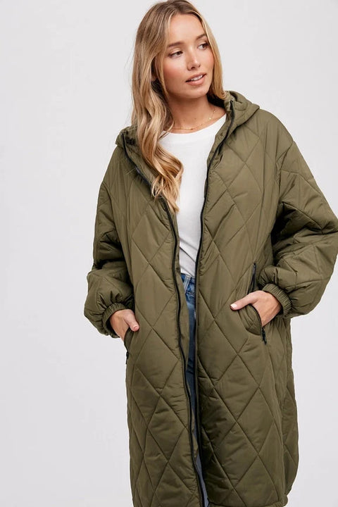Longline Quilted Puffer Jacket - ARMY GREEN