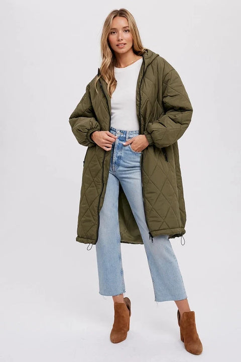 Longline Quilted Puffer Jacket - ARMY GREEN