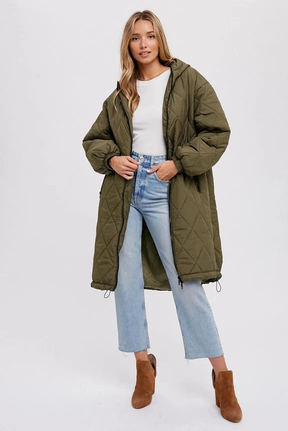 Longline Quilted Puffer Jacket - ARMY GREEN