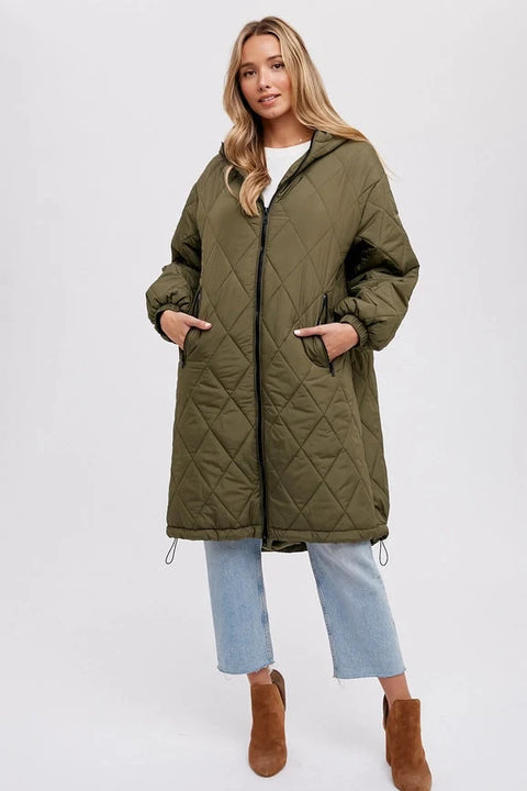 Longline Quilted Puffer Jacket - ARMY GREEN