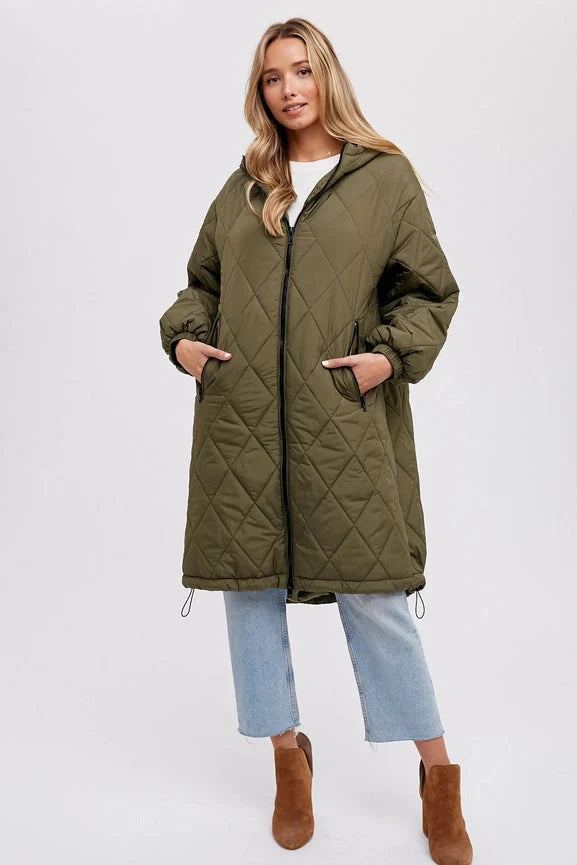 Longline Quilted Puffer Jacket - ARMY GREEN