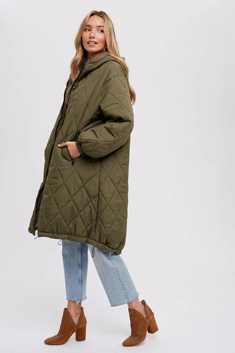 Longline Quilted Puffer Jacket - ARMY GREEN