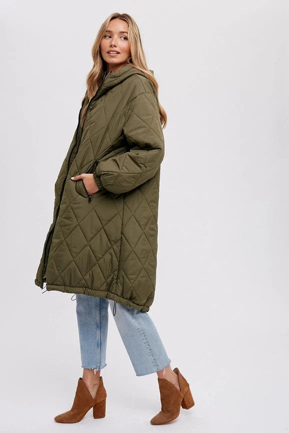 Longline Quilted Puffer Jacket - ARMY GREEN