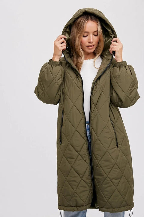 Longline Quilted Puffer Jacket - ARMY GREEN