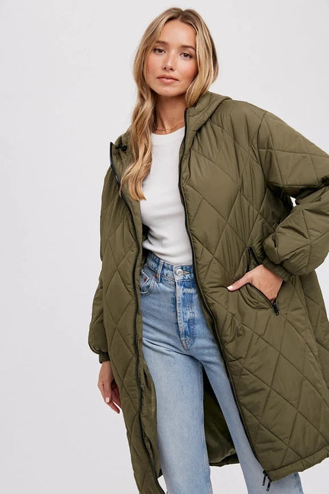 Longline Quilted Puffer Jacket - ARMY GREEN