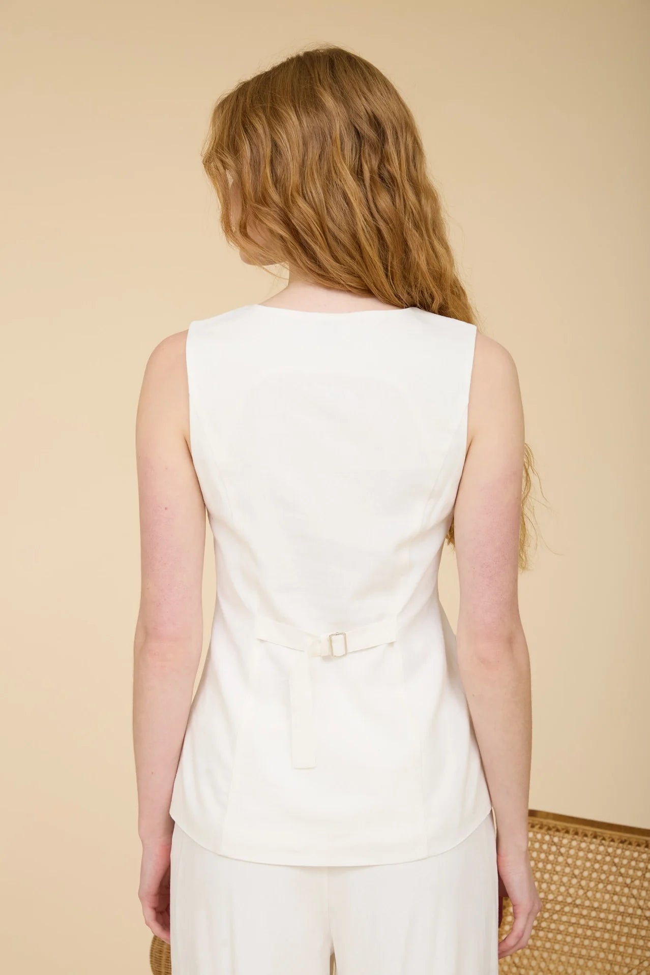 Longline V Neck Sleeveless Linen Vest Top - White