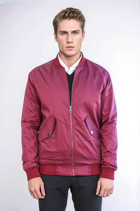 Flap Pockets Zippered Burgundy Men Bomber Coat - Wessi