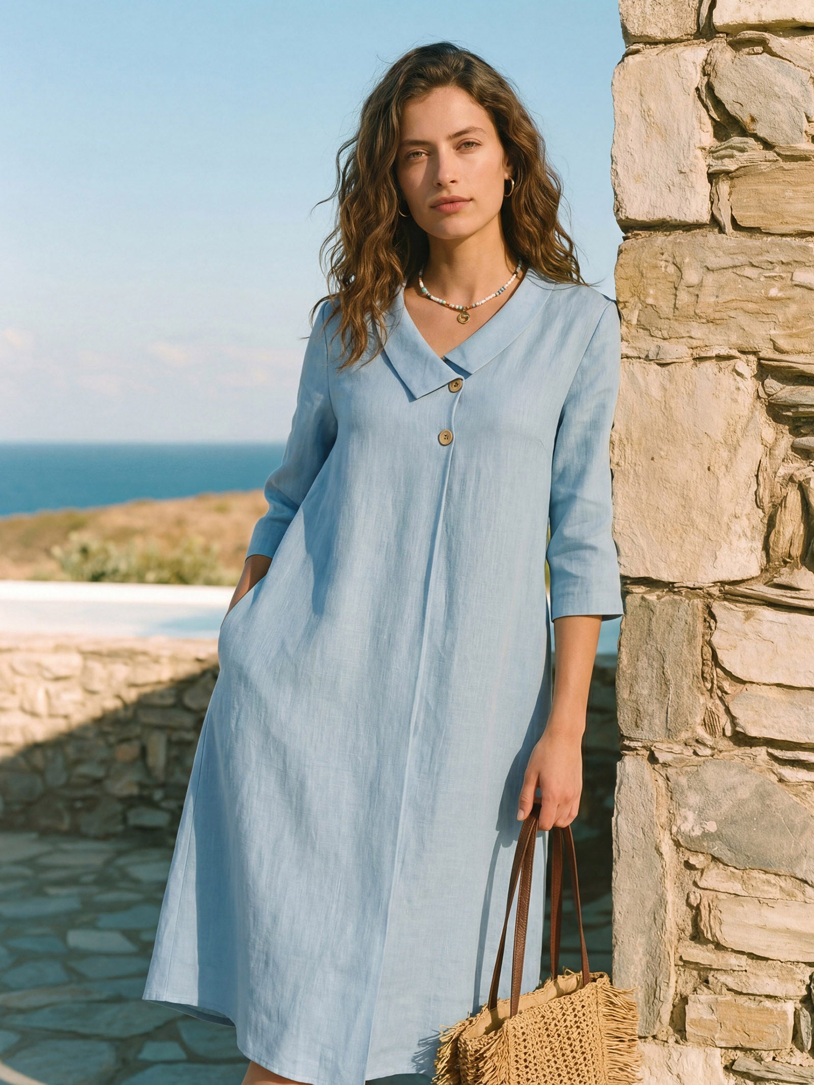 100% Linen Asymmetric Shawl Collar A-Line Midi Dress WINIFRED