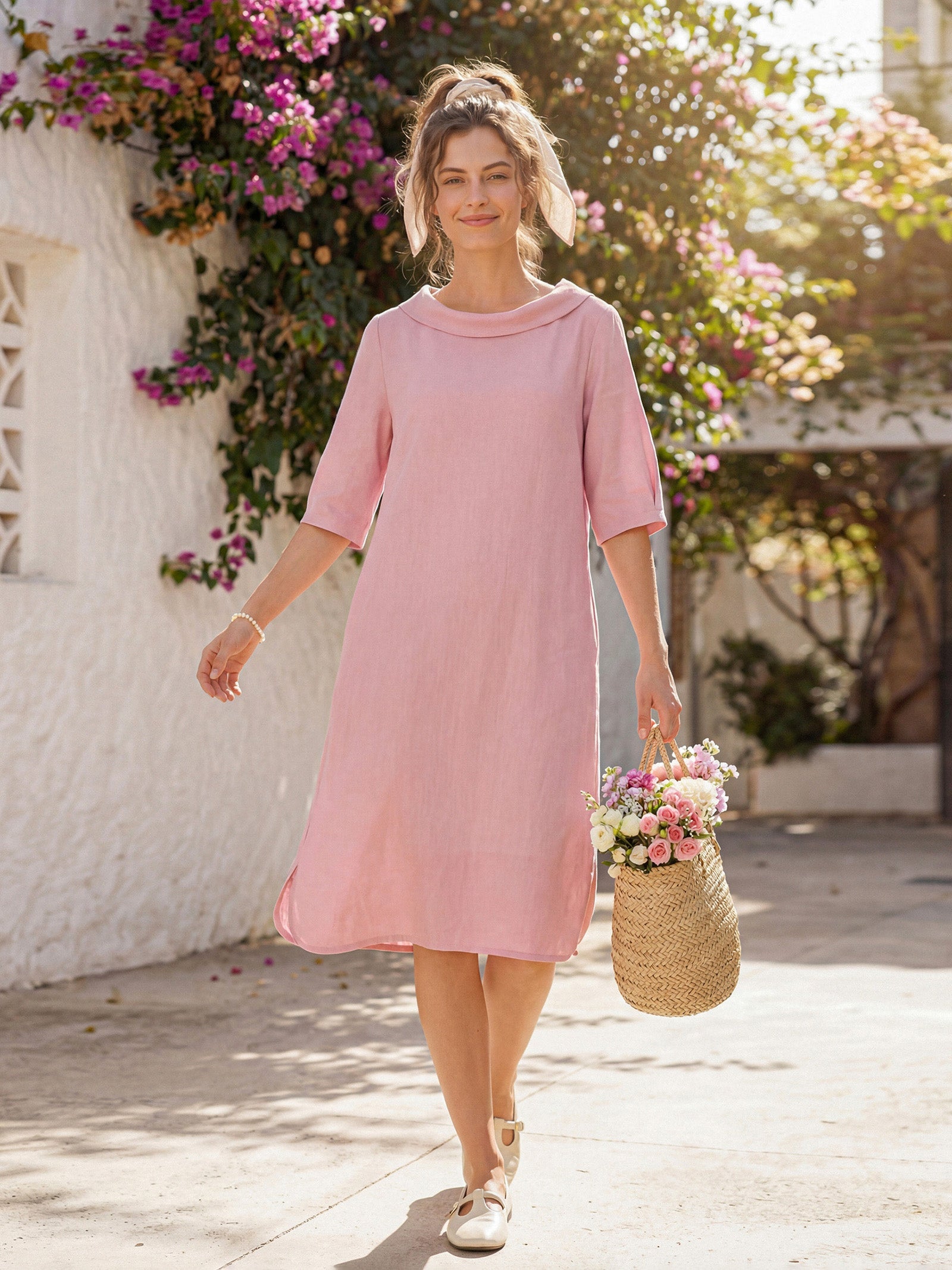 100% Linen Sculpted Bateau Tie-Back Midi Dress SABRINA