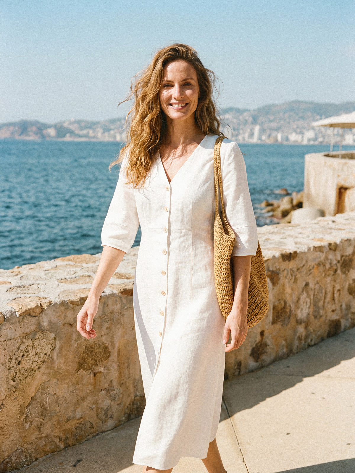 100% Linen Button-Front Lantern Sleeve Elasticated Waist Midi Dress LINNEA