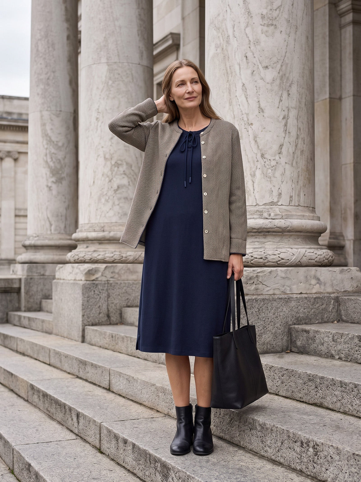Cotton Tie Neck Three Quarter Sleeve Midi Dress SERENELLA