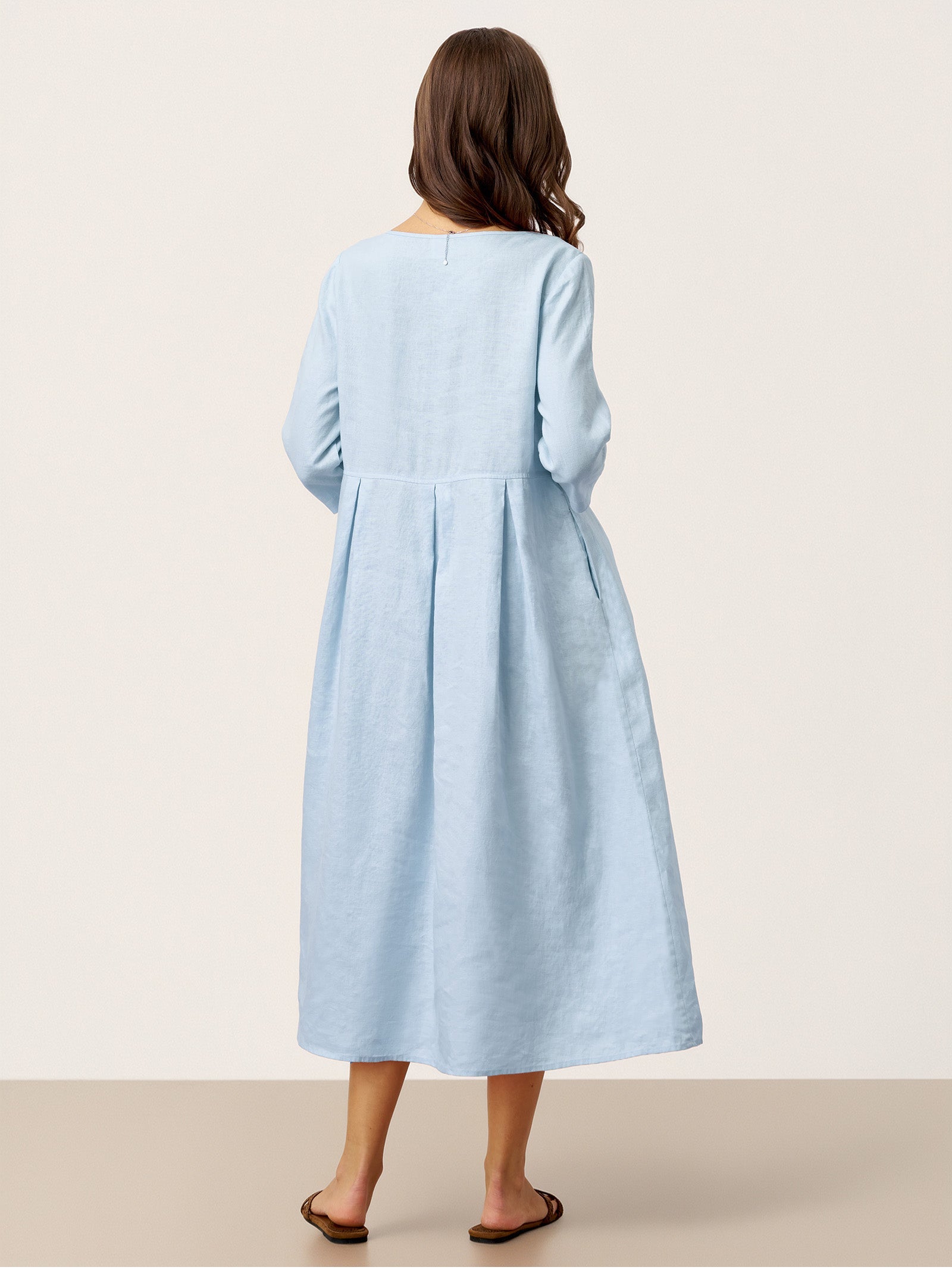 100% Linen Crescent Neck Decorative Button Waist Pleated Maxi Dress GWENYTH