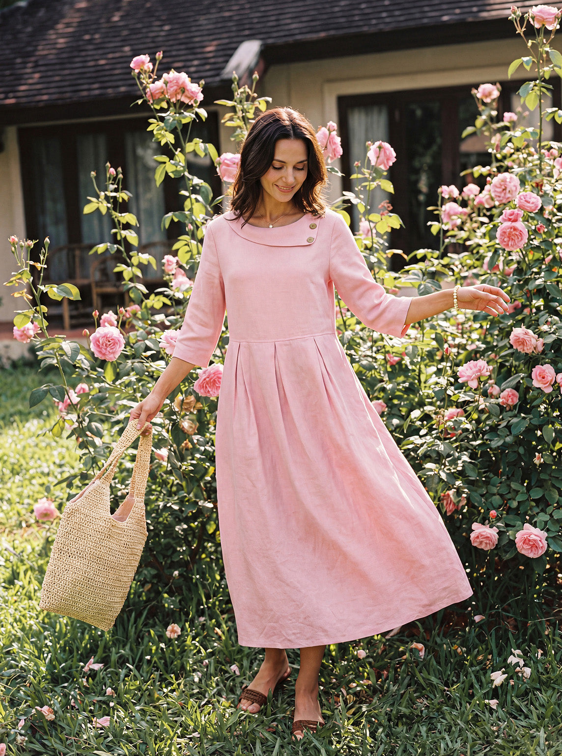 100% Linen Crescent Neck Decorative Button Waist Pleated Maxi Dress GWENYTH