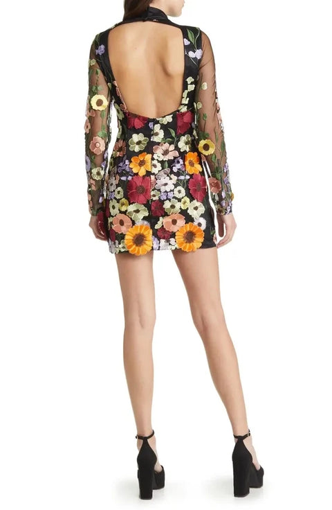 Maeva Floral Printed Long Sleeve Mini Dress in Black