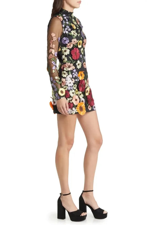 Maeva Floral Printed Long Sleeve Mini Dress in Black