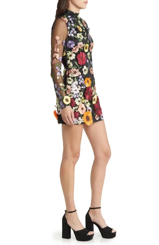 Maeva Floral Printed Long Sleeve Mini Dress - Black