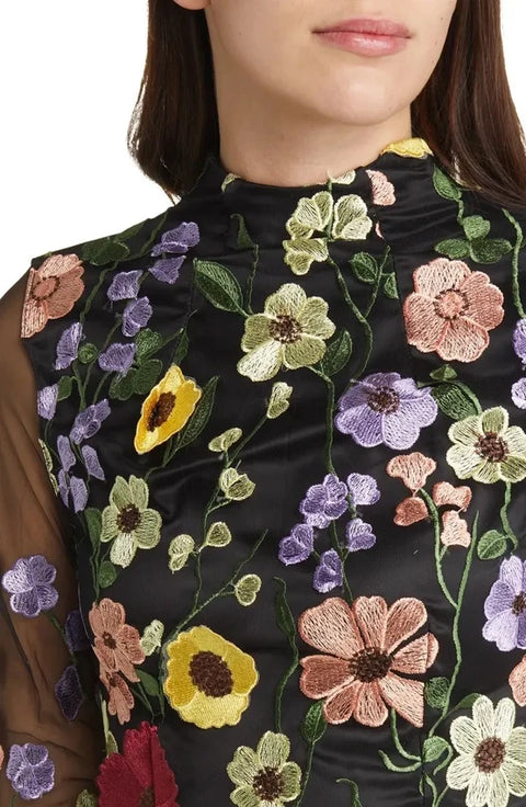 Maeva Floral Printed Long Sleeve Mini Dress in Black