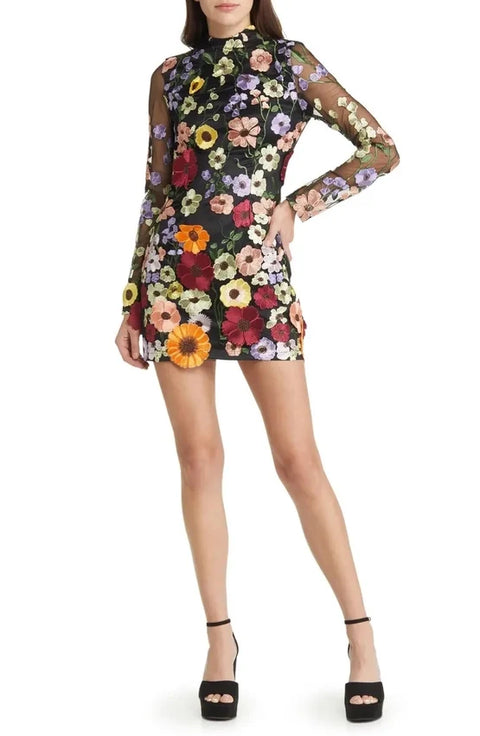Maeva Floral Printed Long Sleeve Mini Dress in Black