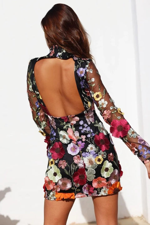 Maeva Floral Printed Long Sleeve Mini Dress in Black