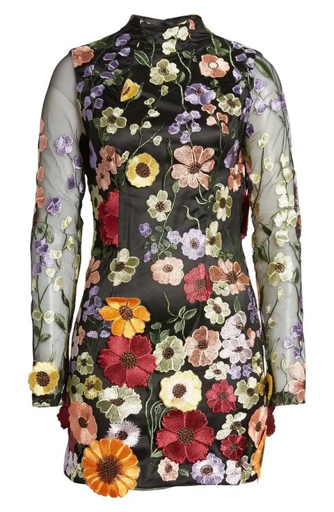 Maeva Floral Printed Long Sleeve Mini Dress in Black