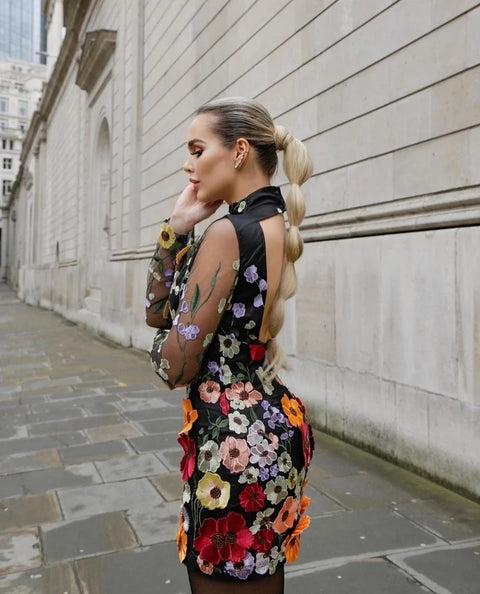 Maeva Floral Printed Long Sleeve Mini Dress in Black