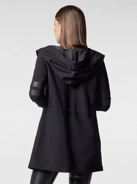 Maitri Stretch Wrap Traveler Jacket with Silk Lined Hood and Vegan Leather Details Black/Black