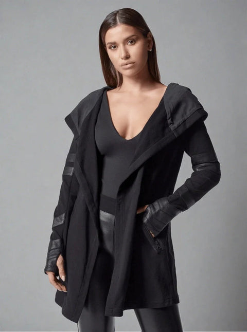Maitri Stretch Wrap Traveler Jacket with Silk Lined Hood and Vegan Leather Details Black/Black