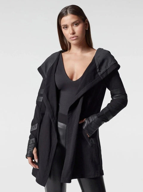 Maitri Stretch Wrap Traveler Jacket with Silk Lined Hood and Vegan Leather Details Black/Black