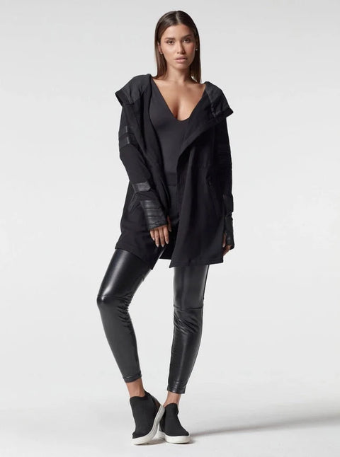 Maitri Stretch Wrap Traveler Jacket with Silk Lined Hood and Vegan Leather Details Black/Black