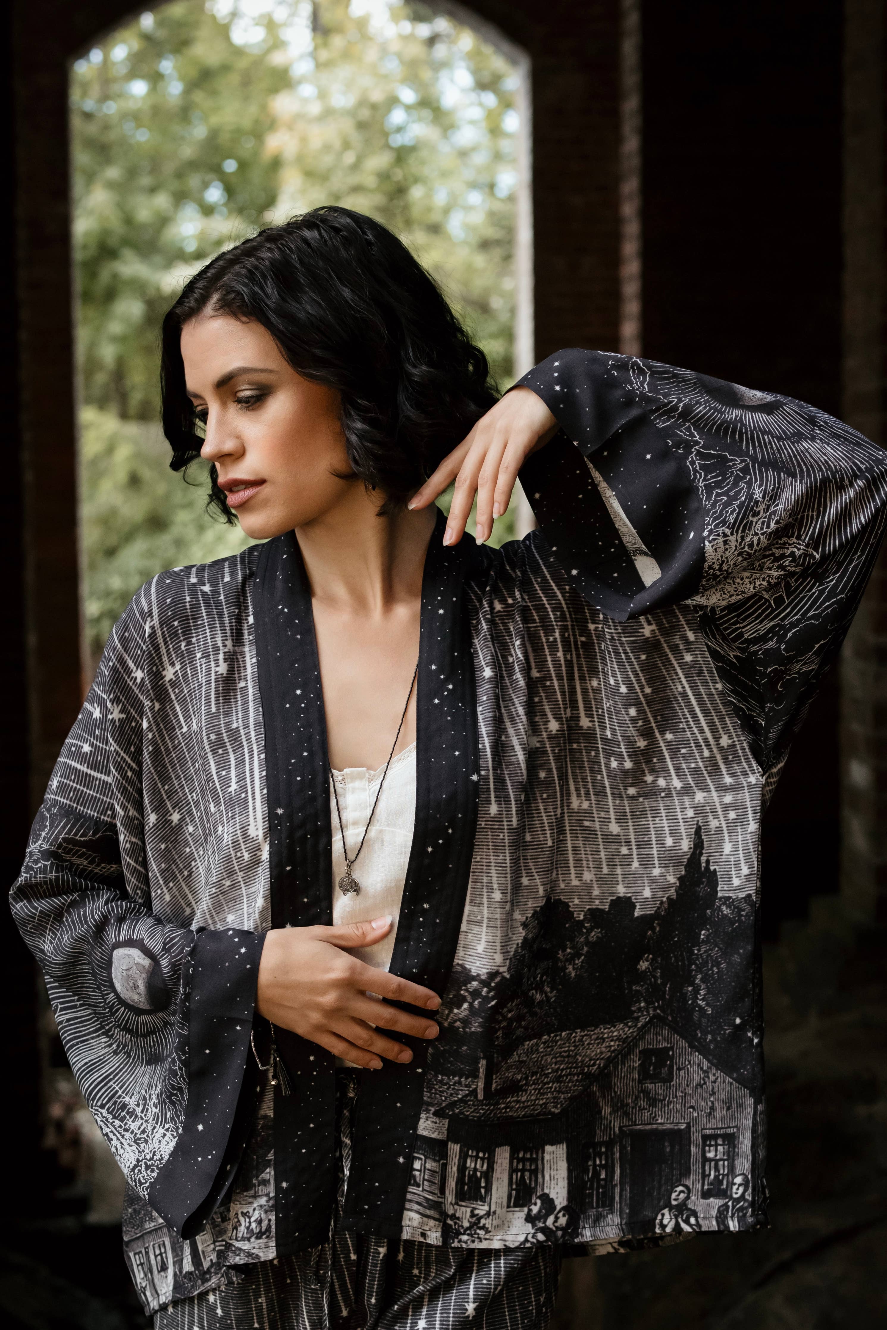Market of Stars - Stargazer Cropped Bamboo Kimono Cardigan with Falling Stars
