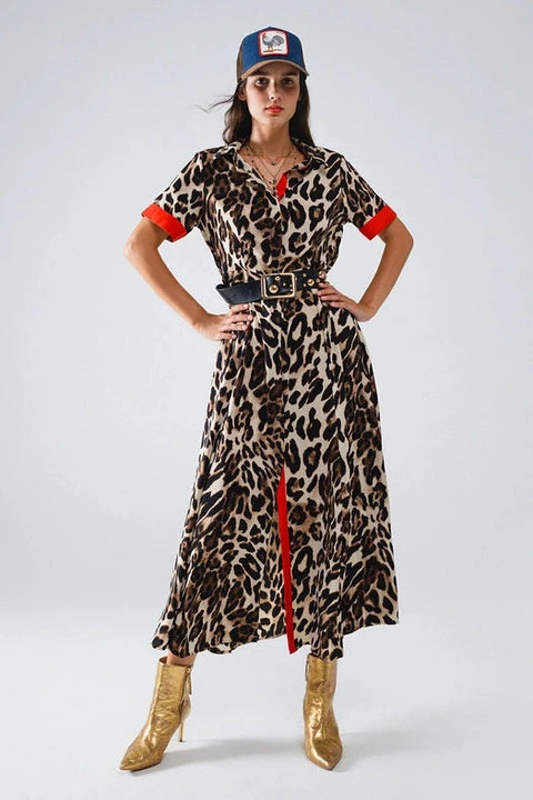 Maxi Leopard Button-Down Dress with Red Details