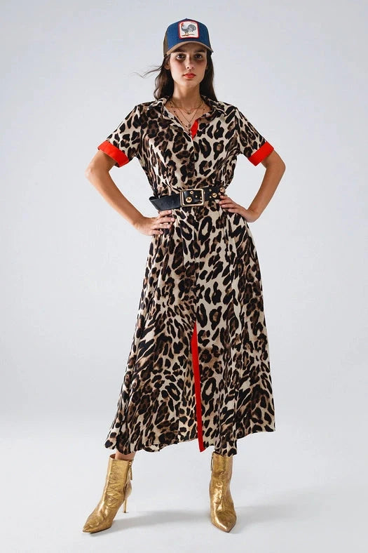 Maxi Leopard Button-Down Dress with Red Details