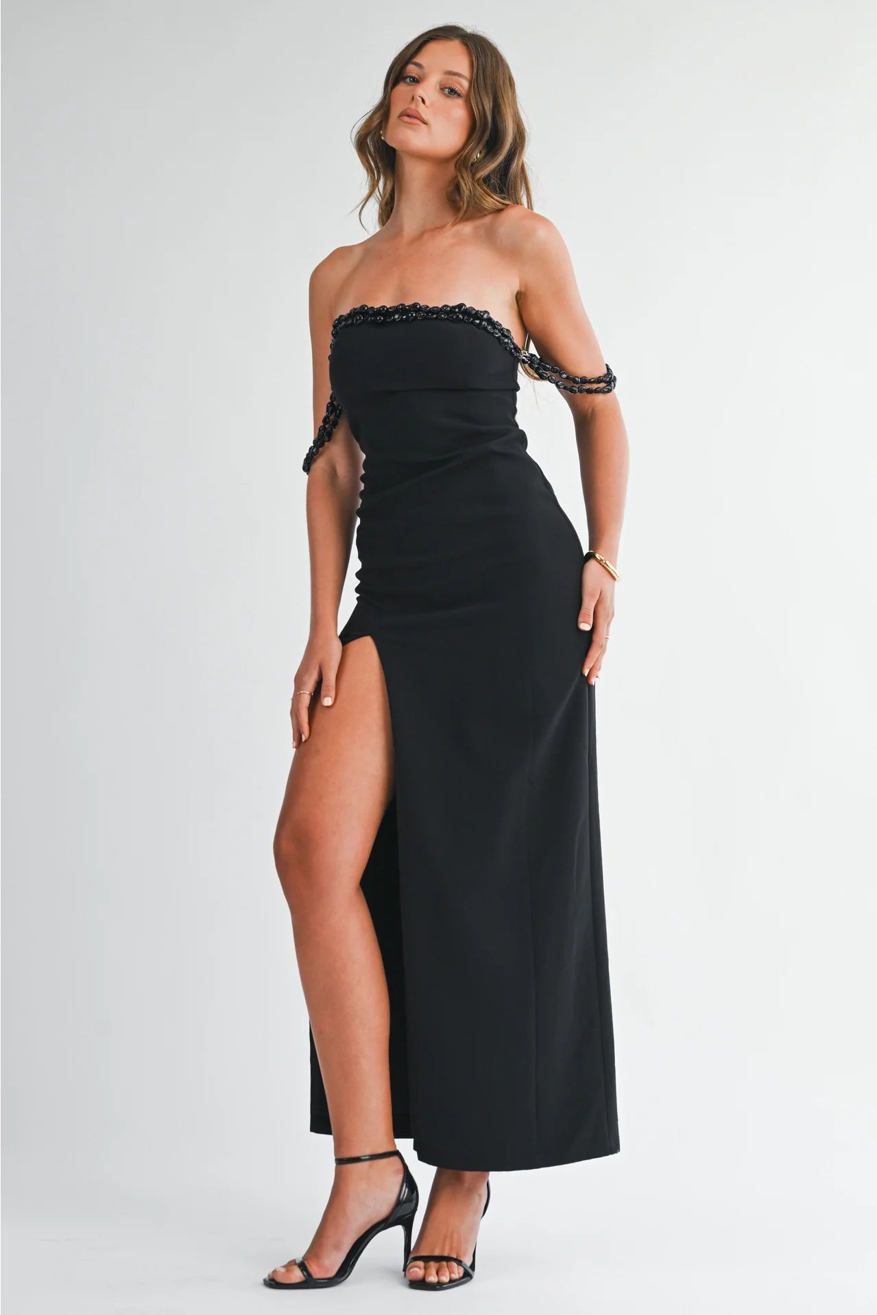 Maxi Slit Dress with Detachable Beaded Sleeve