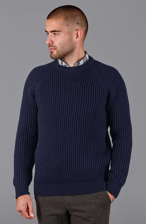 Mens 100% British Wool Heavyweight Ribbed Jumper Navy