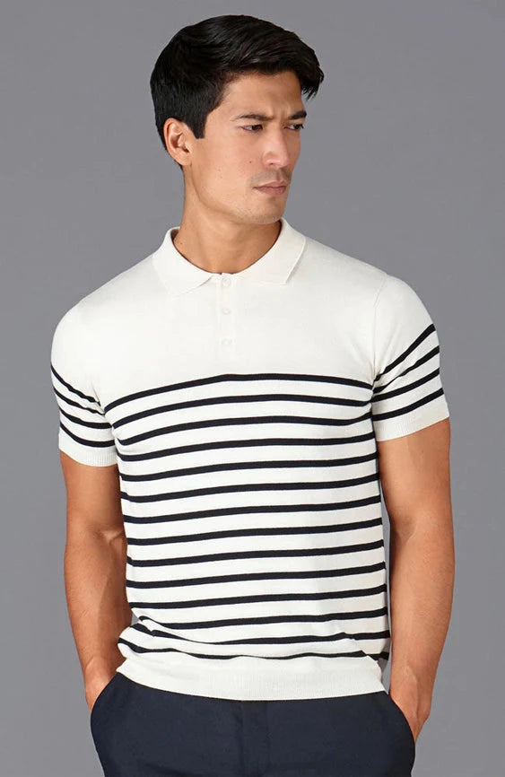 Mens 100% Ultra Fine Cotton Breton Short Sleeve Polo Shirt