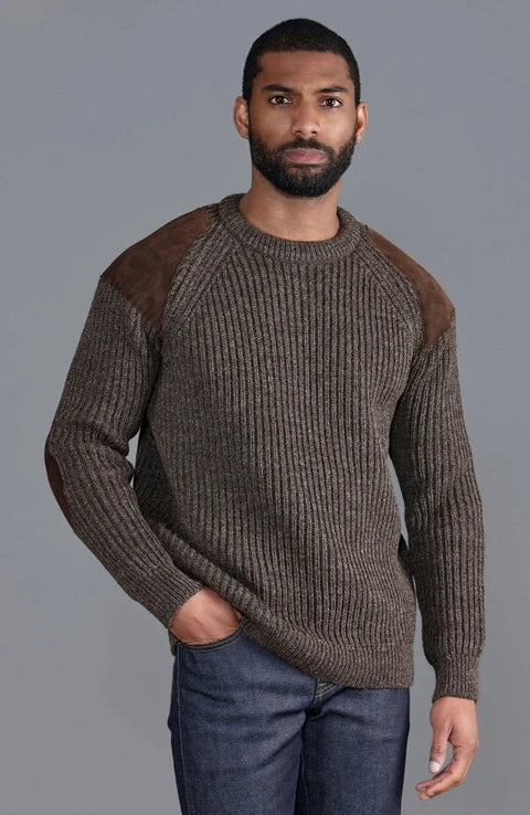 Mens Chunky British Wool Ribbed Shooting Jumper Brown