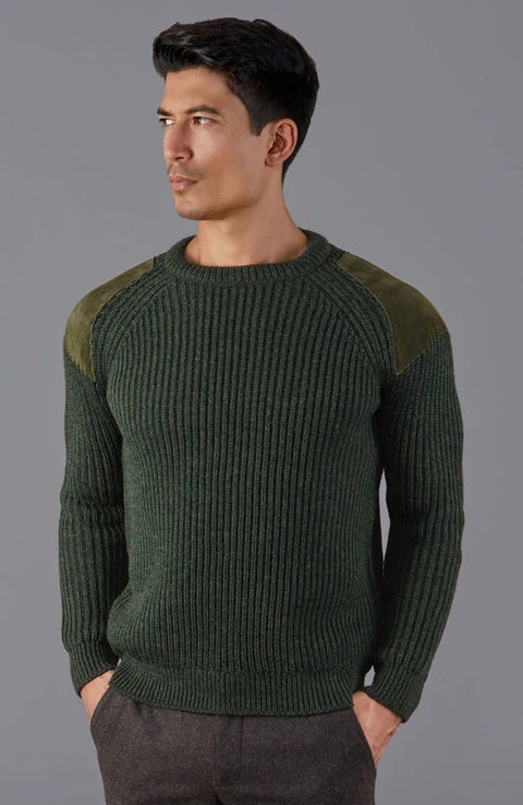Mens Chunky British Wool Ribbed Shooting Jumper Loden Green