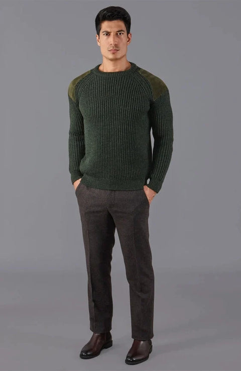 Mens Chunky British Wool Ribbed Shooting Jumper Loden Green
