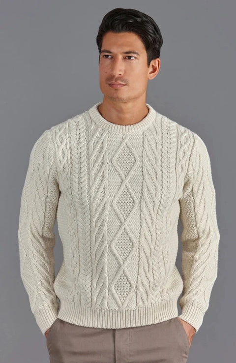 Mens Chunky Merino Wool Cable Jumper Ecru