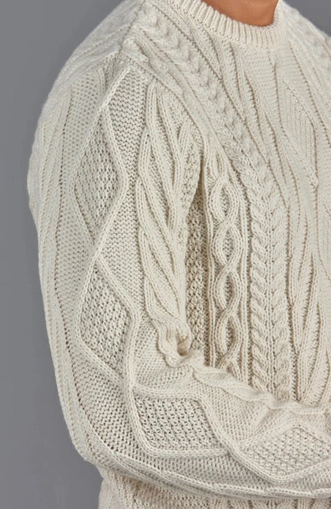 Mens Chunky Merino Wool Cable Jumper Ecru
