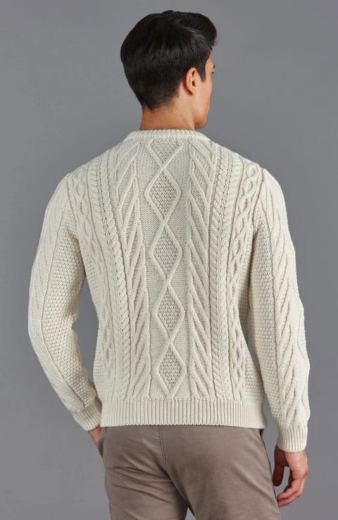 Mens Chunky Merino Wool Cable Jumper Ecru