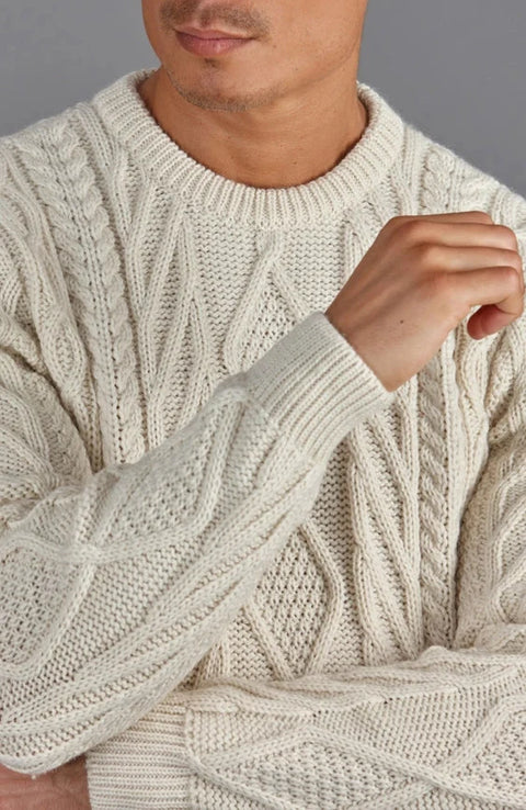Mens Chunky Merino Wool Cable Jumper Ecru