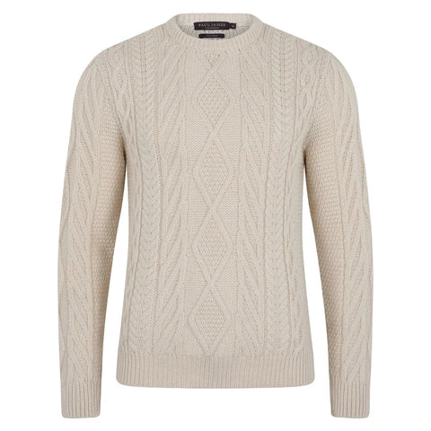 Mens Chunky Merino Wool Cable Jumper Ecru