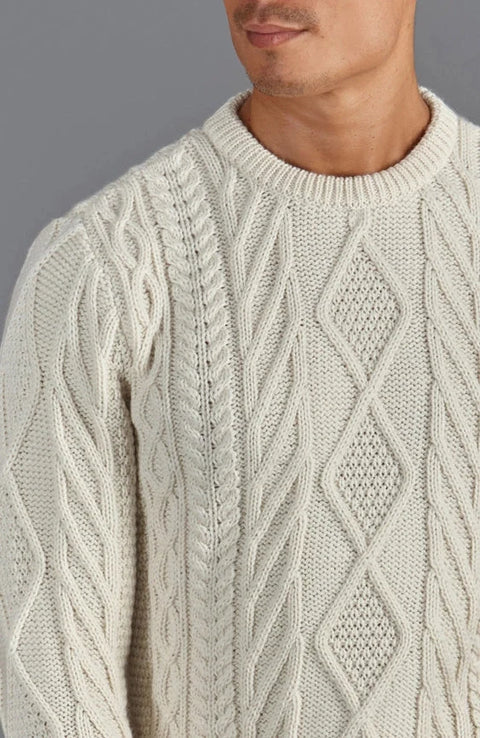 Mens Chunky Merino Wool Cable Jumper Ecru