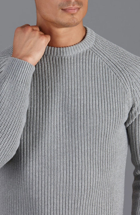 Mens Cotton Fisherman Rib Knit Jumper  Ash Grey