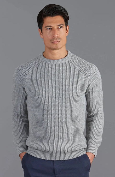Mens Cotton Fisherman Rib Knit Jumper  Ash Grey