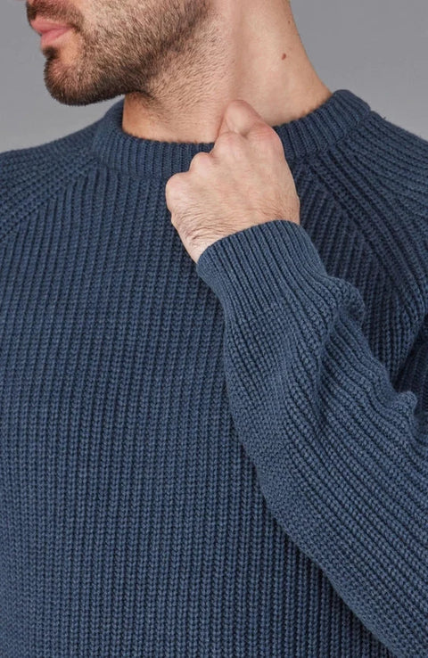 Mens Cotton Fisherman Rib Knit Jumper  Blue Melange